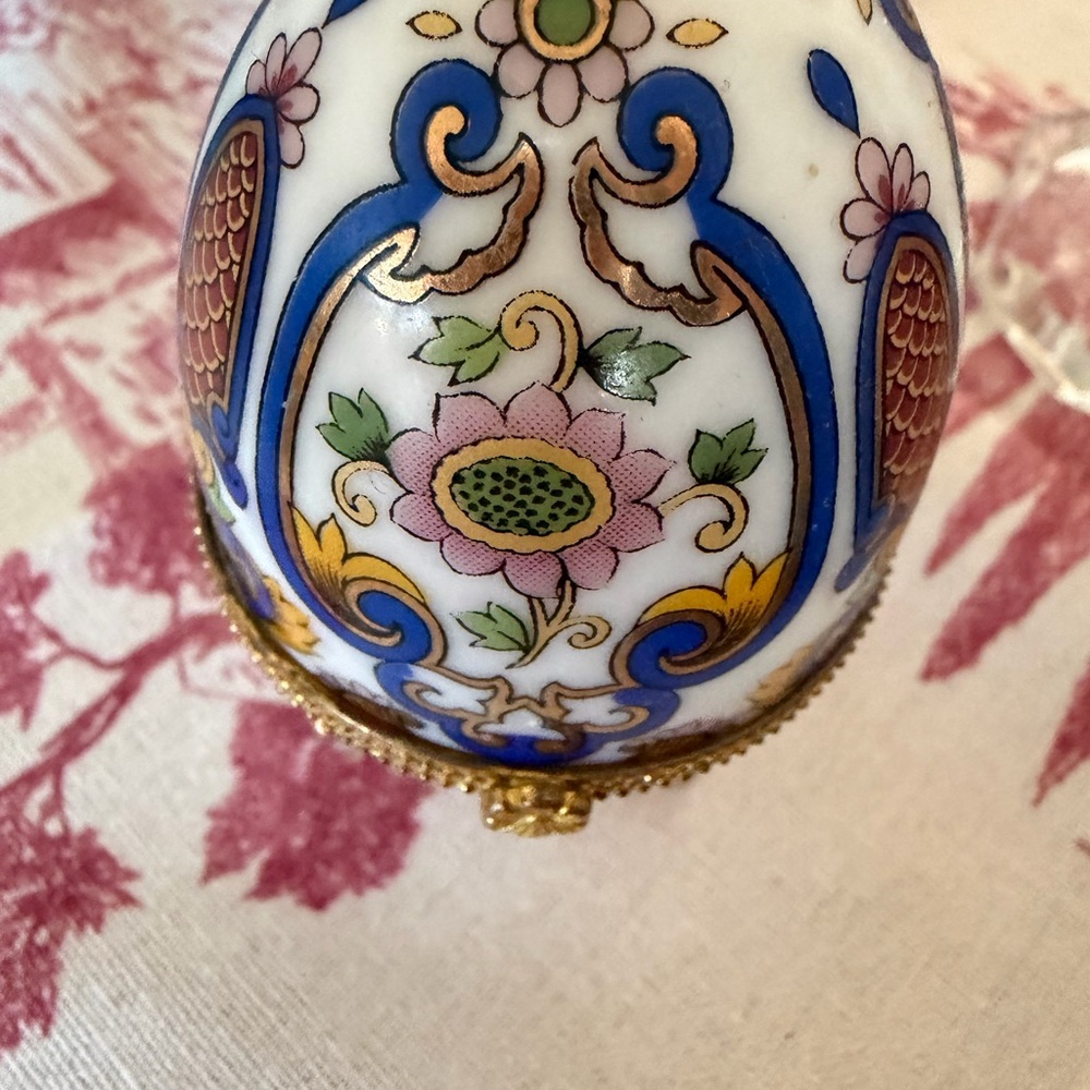 Decorative Porcelain Egg Trinket Box - Floral Blue and Gold